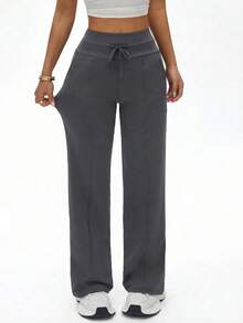 Women's High Waist Wide Leg Casual Pants (With Side Pockets) - Daily Casual Style Sports - Dark Grey - View 3