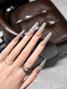 10pcs Handmade Nails Oval Nails Acrylic Press On Nails Medium Long, Gentle Nude Pink Nails, Nail Gems Small Stone Diamond Ring Design Inlaid, Edgy Elegant Simple Spring Nails, Summer Press On Nails, Party Daily & Dating Use Beach Tropical Getaway Suitable,DIY False Nail Art Suitable For Women & Girls As Gift Nail Supplies - Multicolor - View 2