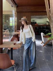 女士镂空长袖针织开衫，透气舒适，落肩针织外套，休闲舒适春季上衣 - 杏色 - 查看 1