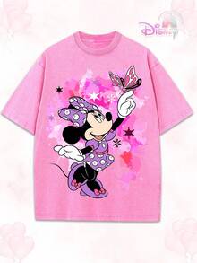 Disney Minnie Mouse Cute Butterfly Spring Graphic Washed T-Shirt, Retro Minnie Oversized Tee For Women - Hồng - Xem 1