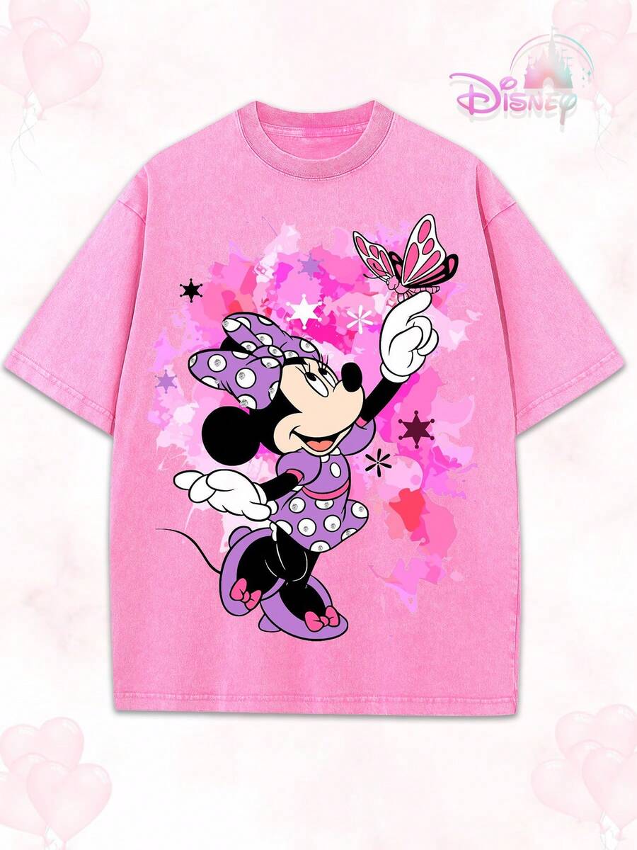 Disney Minnie Mouse Cute Butterfly Spring Graphic Washed T-Shirt, Retro Minnie Oversized Tee For Women - Hồng - Xem 1
