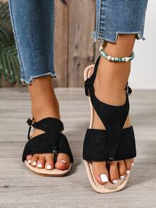 2026新款女士平底凉鞋，绒面革材质，时尚简约风格，适合夏季、度假、波西米亚风、套脚式、绑带式、人字拖、沙滩鞋 - 黑色 - 查看 4