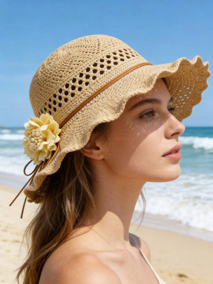 1pc Women's Summer Floral Decor Wide Brim Bucket Hat, Fashion Beach Vacation Sun Protection Hat - Multicolor - View 1