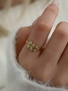 New Minimalist Stainless Steel Double Row Rhinestone Ring, Retro Ins Open Adjustable Ring - Yellow Gold - View 4