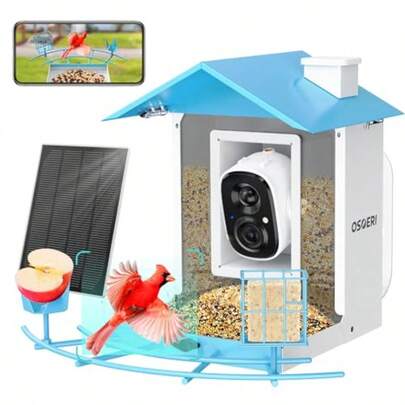 Osoeri - Alimentador de pájaros con cámara cámara Inteligente con identificación de IA Captura automática de Videos de Aves y notificaciones en Tiempo Real Carga con energía Solar Regalo Ideal