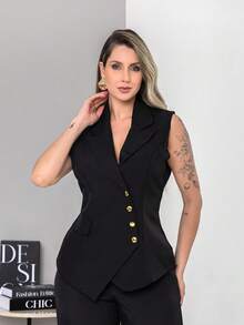 New Tailored Set Consisting Of Vest And Wide-Leg Trousers C6608 - Black - View 7
