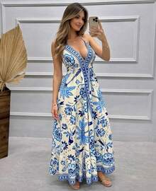 Dress, Random Print, Fabric, Backless / Bare Back, Beach - azul con apagado - Ver 2