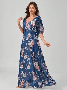 UNITHORSE [随机裁剪] 女士V领全印花露背A字毕业礼服及正式晚礼服，雪纺伴娘礼服 - 藍色 - 查看 7