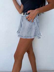 Women's High Waist Loose Flared Denim Shorts With Pockets Summer - Light Blue - View 4