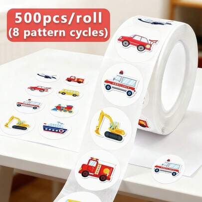 500pcs/Roll Cartoon Vehicle Stickers Including Ambulance, Fire Truck, Car, Suitable For Teachers, Parents, Schools, Learning, Transportation, Craft, Airplane, Back To School, Train, Motivational, Gift, Stationery Decor Scrapbook Supplies Scrapbooking