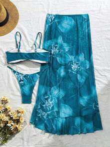 3pcs Women's Floral Print Elegant Sexy Backless 3D Flower Beach Dress Bikini Set, Spring/Summer Vacation - 薄荷藍 - 查看 3