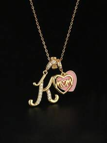 1件女士优雅立方氧化锆字母A-K和心形妈妈吊坠项链金色首饰礼品 - 彩色 - 查看 1
