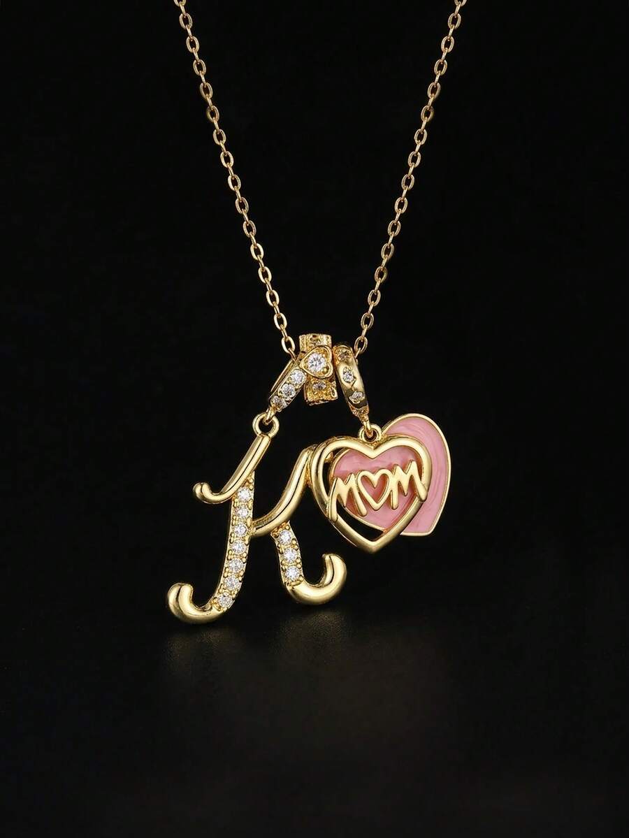 1件女士优雅立方氧化锆字母A-K和心形妈妈吊坠项链金色首饰礼品 - 彩色 - 查看 1