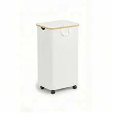 Laundry Hamper With Wheels And Lid, 100L Rolling Clothes Basket With 4 Wheels 2 Locking, Bamboo Handle & Frame Always Upright, Collapsible For Bedroom Bathroom Dorm RV Camping, White - 白色 - 查看 8