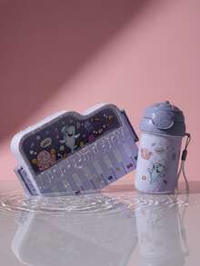 2件套卡通图案便当盒、吸管、水壶套装、午餐盒、沙拉盒、牛奶瓶 - 彩色 - 查看 9