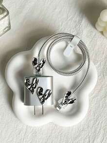 5个镀银方形心形TPU数据线保护套，兼容苹果20W/18W快充适配器 - 銀色 - 查看 3