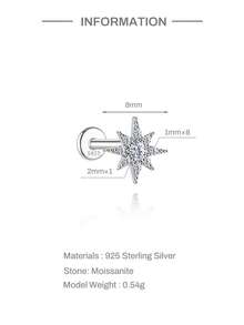 EleRunis 1PC 0.1ct Moissanite Diamond 925 Sterling Silver Eight Pointed Star 18K Gold Plated Flat Back Cartilage Helix Threaded Piercing Fine Jewelry For Daily Wear Wedding Party Engagement Anniversary Valentine's Day - Silver - View 7