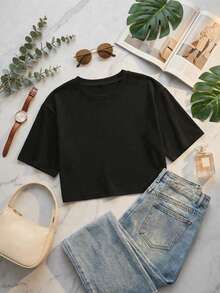 Blusa de mujer de corte holgado, cuello redondo, manga corta, casual, adecuada para primavera y verano, con estilo minimalista, elegante y sexy Y2K, apta para uso diario, oficina, hogar y exteriores, color negro - Naranja - Ver 11