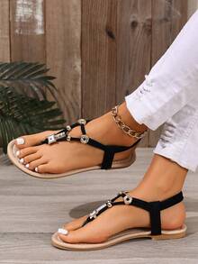 2026 New Summer Fashion Bohemian Flat Sandals, Thong Style, Beaded Straps, Black, Rhinestone, Retro Beach Shoes - Black - View 3