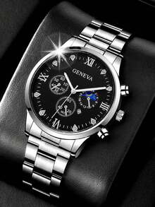 1 pieza Reloj de cuarzo de negocios de moda para hombres, esfera redonda minimalista, correa de tamaño fijo, mejor regalo y uso diario para hombres - Plateado - Ver 15