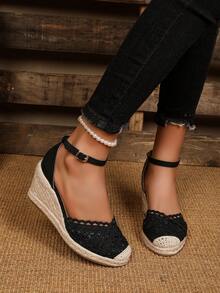 Breathable Slip-On Wedge Sandals With Fashionable Rope Accent, Comfortable And Lightweight - Black - View 4