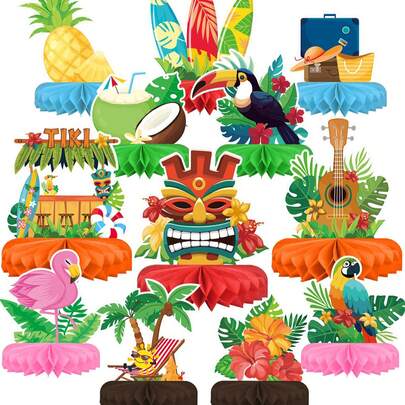 12pcs Hawaiian Luau Party Decorations Set, Aloha Theme Tabletop Decor With Honeycomb Center Pieces, Suitable For Hawaiian Party, Party Center Decor (For Tabletop), Hawaiian Party Tabletop Decor, Tropical Party Decorations, Suitable For Hawaiian Kiki And Luau Style Party.