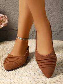 女士平底优雅尖头鞋，学院风可爱荷叶边/褶边休闲度假派对办公鞋，推荐春夏穿着 - 棕色 - 查看 2