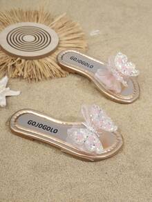 儿童时尚拖鞋，新款夏季圆头蝴蝶结设计时尚女童沙滩拖鞋 - 香檳色 - 查看 7