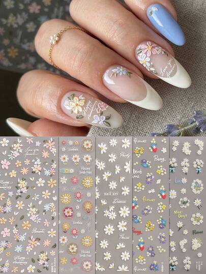 6 Stücke lebendige Sommer Obstgarten geprägte Nagel Sticker - Frische Gänseblümchen Mehrfarbig Blumen Englisch Nagel Aufkleber - Sommer Alltag/Picknick/Date/Musikfestival DIY Nail Art Dekorationen, Geschenk Feiertag, DIY, Y2K