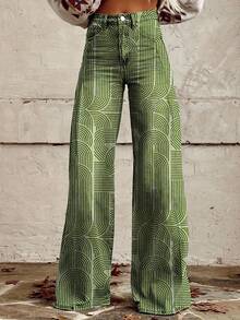 Women'S Jeans With Green Stripes And Artistic Prints, Casual Wide Leg Pants - Nhiều màu - Xem 1