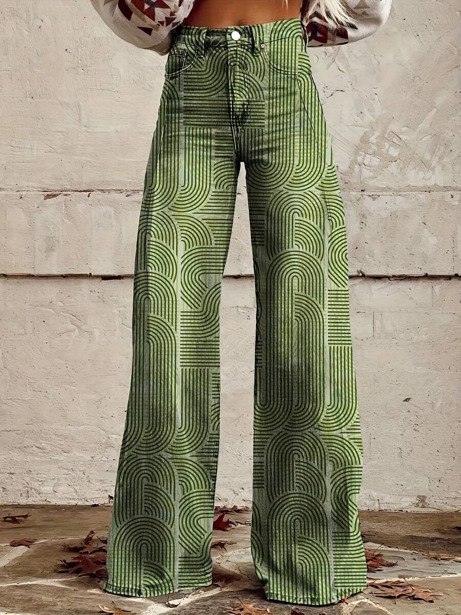 Women'S Jeans With Green Stripes And Artistic Prints, Casual Wide Leg Pants - Nhiều màu - Xem 1
