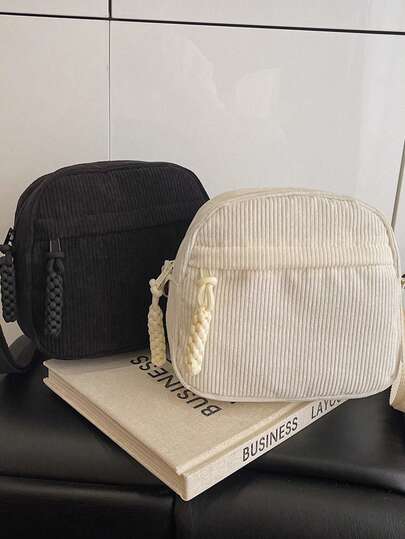 复古百搭原宿风灯芯绒单肩斜挎小包，休闲灯芯绒手机袋钥匙扣包，适合外出、旅行、通勤。