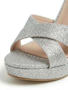 Women's Glitter Chunky Heel Sandals, Open Toe Crisscross Strap Party Shoes, Elegant Block Heel Footwear For Wedding And Party. - 銀色 - 查看 5