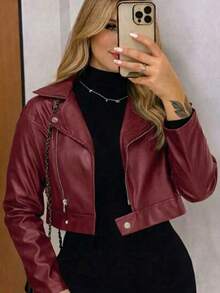 Stylish Women's Faux Leather Jacket With Zipper Details – A Modern And Versatile Piece For São João 2026 - 酒紅色 - 查看 2