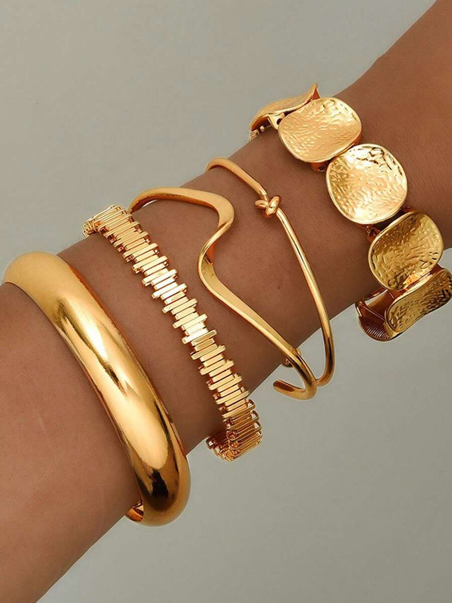 5pcs/Set European And American Exaggerated Leaf Smooth Bracelet, Asymmetrical Stripe Open Cuff Jewelry Set - A - View 1