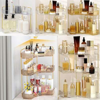 90°转角浴室台面收纳盒，化妆品整理托盘，适用于卧室梳妆台、浴室台面、厨房调料架和香水瓶架，女士优雅台面收纳架，转角置物架，化妆工具架（2层/3层，透明白/金色）