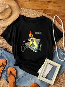 T-shirt pour femmes imprimé en suède noir en coton, tailles S à 5XL, manches longues ou courtes, référence VN0796 - Noir - View 6