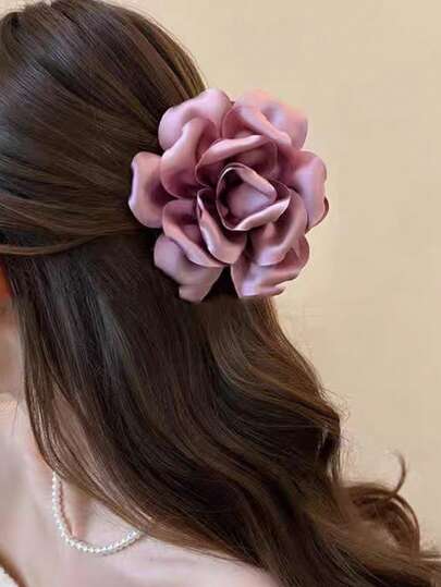 1pc 2026 New Satin Rose Hair Claw Clip, Elegant Purple & Champagne Gold, Unique Design, High-End Gentle Girl Hairpin
