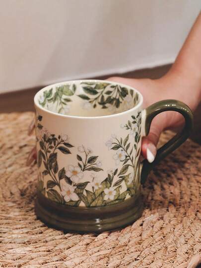 1 pieza Taza vintage americana elegante con diseño de flor de lirio, capacidad de 400ml, patrón de flor blanca y hoja verde, Body recto, asa de color verde oliva, apta para microondas, taza de café, regalo de cumpleaños, recuerdo, para el hogar y la oficina, para todas las estaciones