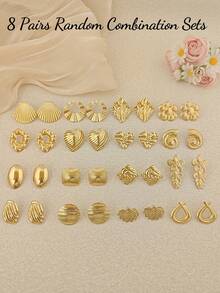 8 Pairs Assorted Stainless Steel Earring Set, Featuring Striped Scallop, Textured Heart, Hoop, Square, Twisted Heart Shapes, Boho Gold Tone Earrings, Vintage Jewelry, Summer Beach Swimwear Accessories, Attractive Outfit Decor, Wedding Dress Accessories - Suitable For Swimming, Bathing, Workout - Gold - View 10