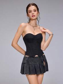 Một chiếc áo corset đen kẻ sọc thanh lịch dành cho nữ, với phần cúp ngực định hình có họa tiết kẻ sọc, kiểu áo corset không dây, đồ định hình phong cách Gothic Victoria, phù hợp cho ngày Valentine, các lễ hội âm nhạc, du lịch và nghỉ dưỡng. - màu đen - Xem 4