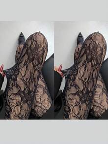1 Pair Sexy Vintage Hollow Lace Floral Pattern Sheer Black Pantyhose For Women - Multicolor - View 9
