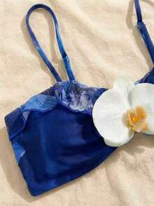 3pcs Women's Floral Print Elegant Sexy Backless 3D Flower Beach Dress Bikini Set, Spring/Summer Vacation - 藍色 - 查看 7