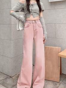 休闲做旧喇叭裤，斜插口袋设计，春季款 - 粉色 - 查看 7