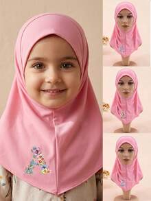 1件A-Z儿童女孩紫色花朵头巾，中东穆斯林风格，端庄可爱优雅，透气可调节，四季皆宜，适合作为礼物 - 粉色 - 查看 2