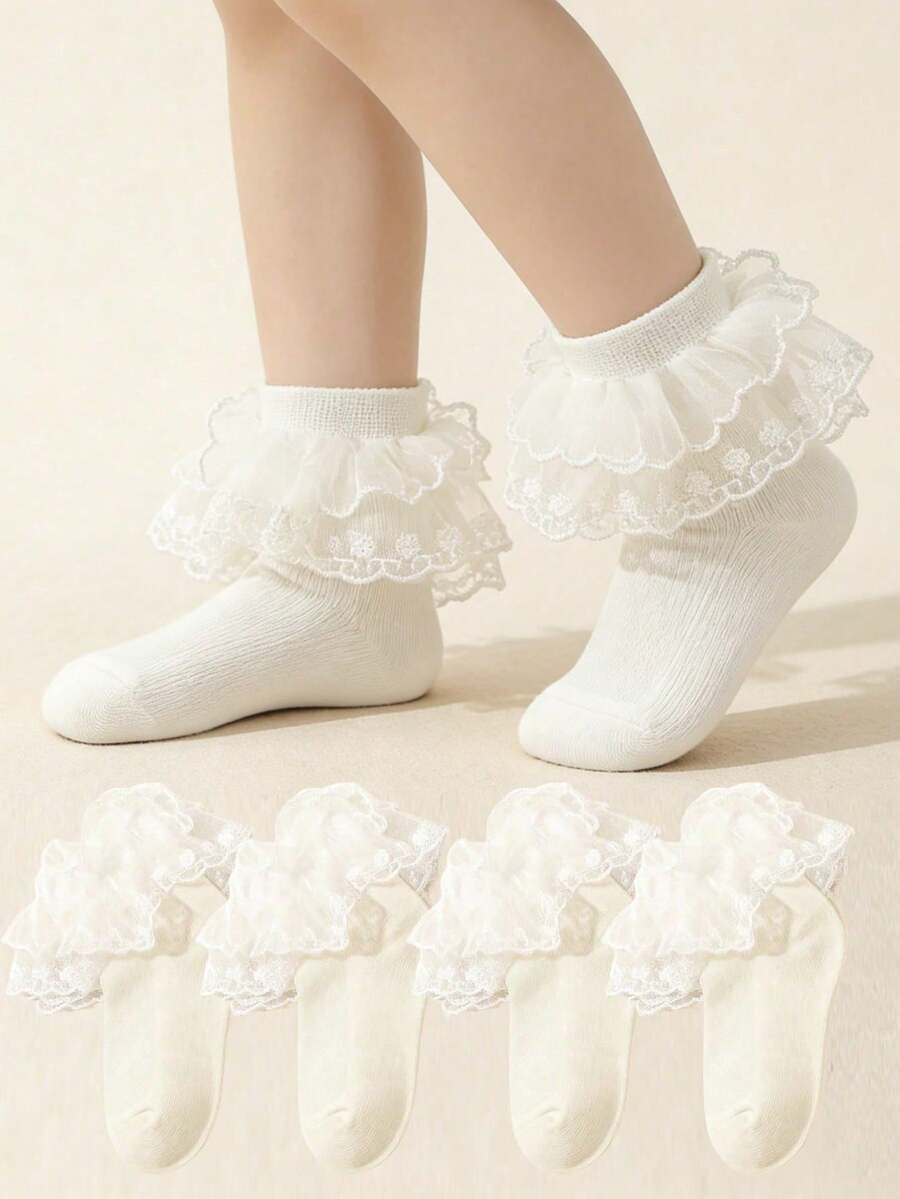 4 Pairs Solid Color Lace Trim Double Layer Princess Dance Socks For Kids & Toddlers - Champagne - View 1
