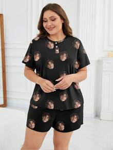 Printstory Customized Plus Size Women's Short Sleeve Pajama Set, Customizable With Any Pattern, Suitable As A Gift For Family, Friends Or Holiday Party - Black - View 3