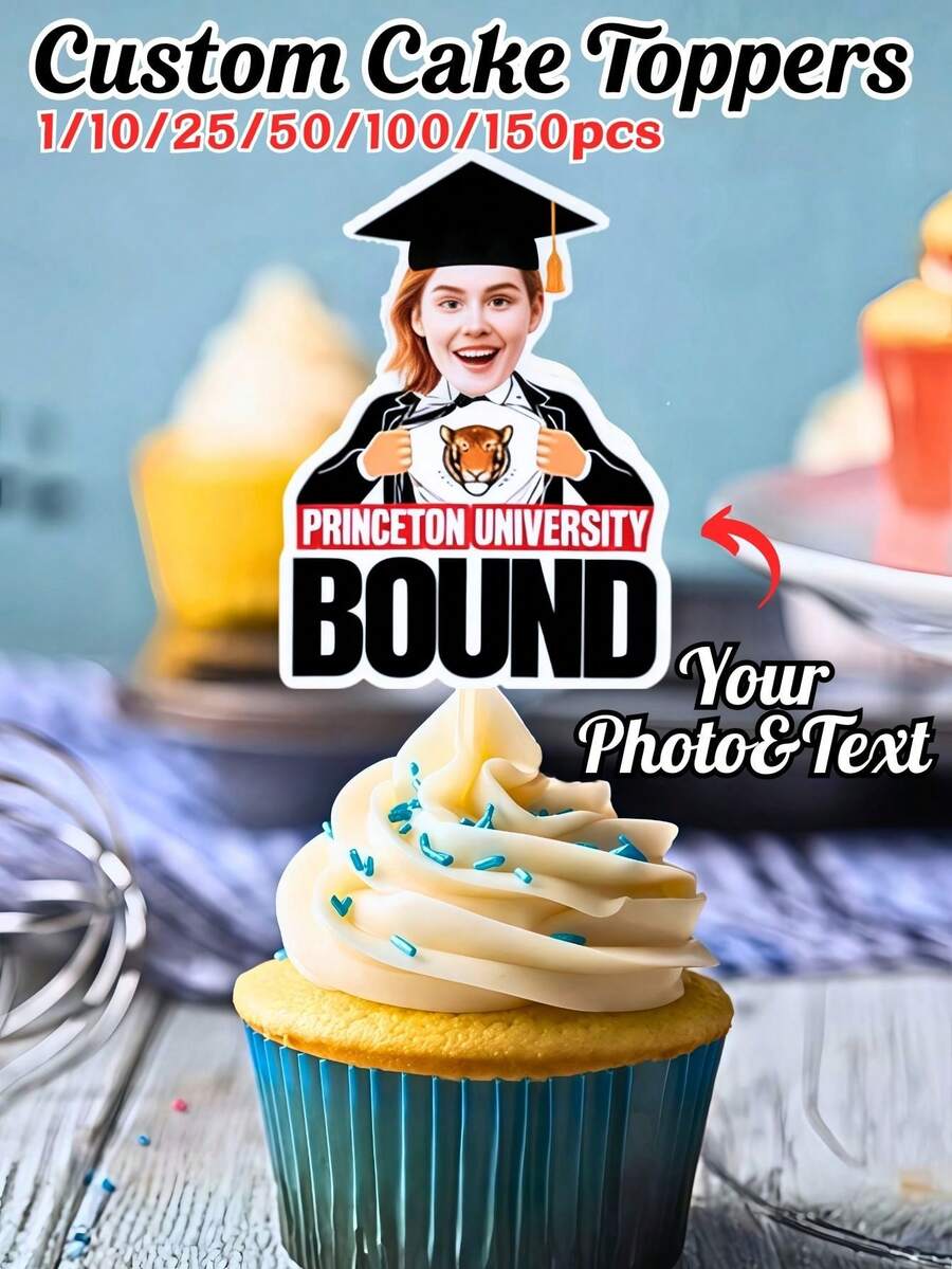Personalized Photo Graduation Cupcake Decor Set. Customize Your Photo Cake Decorations – Upload Photos And Add Custom Text – Cupcake Decorations With Graduation Caps And High School Caps