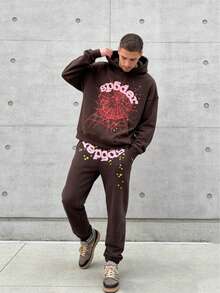 Men's Sweatshirt And Pants Set,Y2k Hoodies , Hip Hop Spider Web Pattern Graphic Alphabet Print Harajuku Vintage Hoodie Long Sleeve Street Wear Top For Both Men And Women Oversized Hoodies - 卡其色 - 查看 5