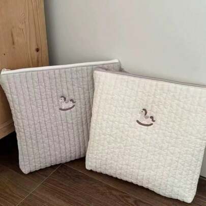 1 pezzo Borsa fasciatoio stile coreano INS con chiusura lampo e ricamo di cavallino, borsa a mano in cotone per mamme, borsa organizer per biberon, borsa maternità